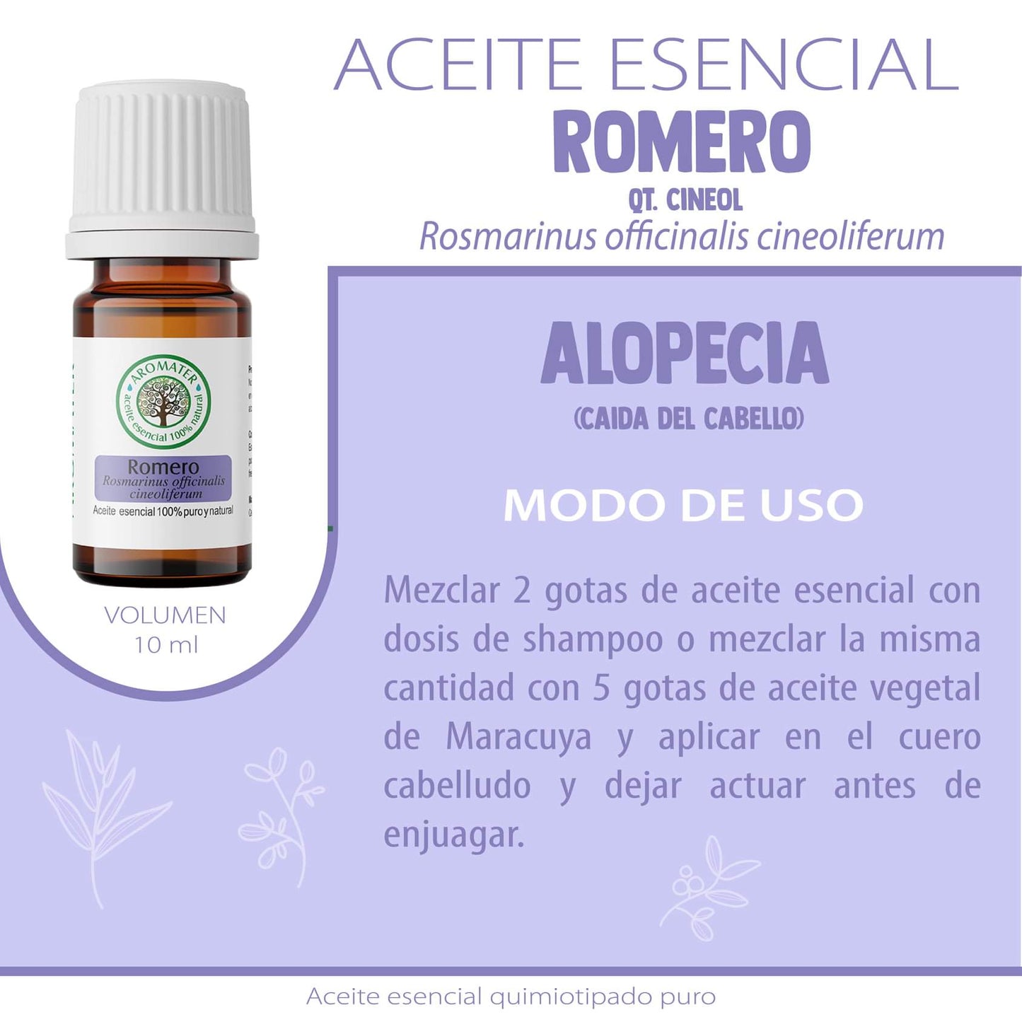El aceite esencial puro de Romero quimiotipo Cineol Rosmarinus officinalis cineoliferum esta indicado en congestión pulmonar, neumonía, bronquitis, tos con flema, faringitis, rinitis, sinusitis debido a que tiene efecto analgésico, tiene actividad antibacterial. Mejora el genio, disminuye la ansiedad y dolor de cabeza.