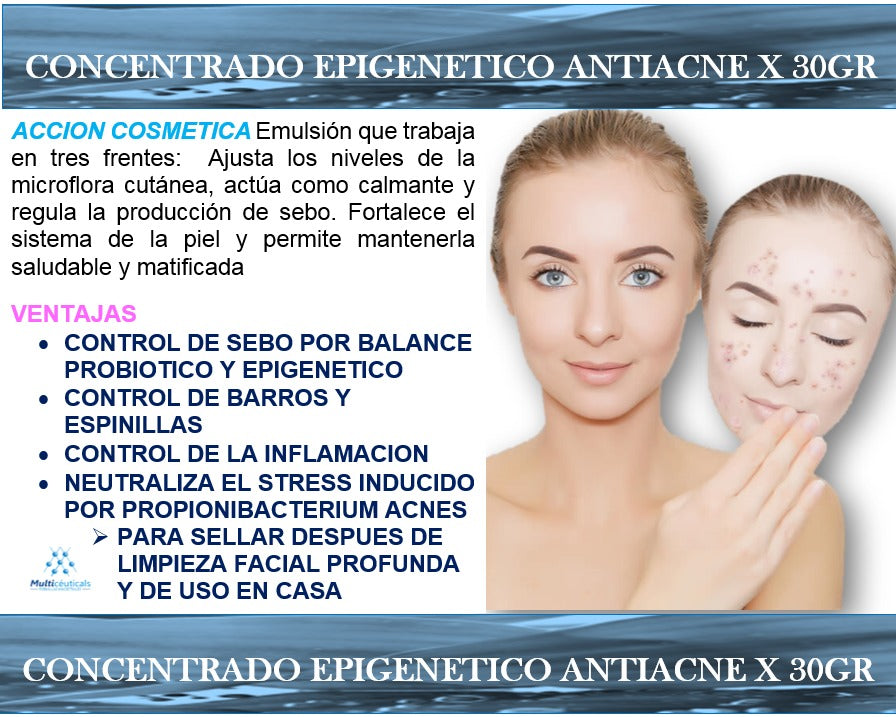Concentrado epigenetico antiacné ajusta niveles de la microflora cutánea, actua como calmante y regula la producción de sebo.