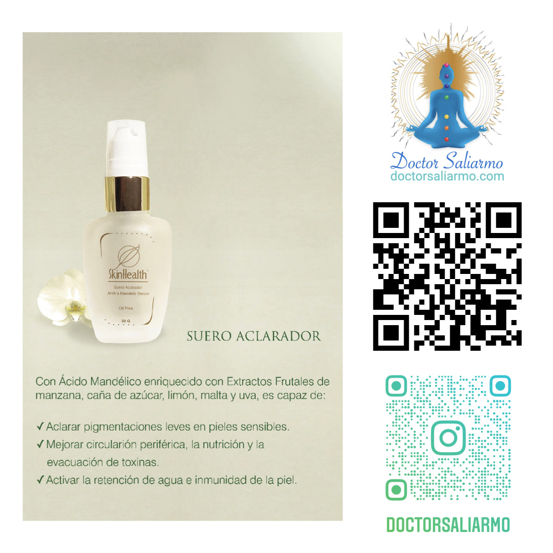 AHA’s Mandelic Serum 10% Suero Aclarador indicado en pieles maduras, tratar hiper-pigmentaciones solares leves y superficiales, manchas