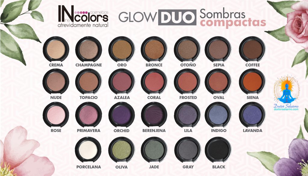 GLOW DUO sombras compactas INcolors en 26 diferentes tonos Berenjena, Black, Bronce, Champagne, Coffee, Crema, Gray, Indigo, Jade ...