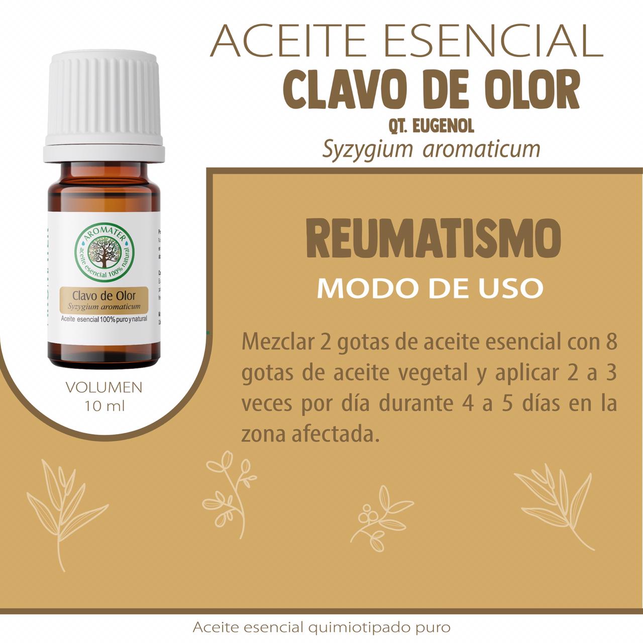 Aceite esencial de Clavo de olor (Syzygium aromaticum) es tradicionalmente usado para: mejorar disfunción erectil; antiinflamatorio: artritis y reumatismo; antibiótico: sinusitis, bronquitis, gastroenteritis, infeccion intestinal y urinaria; micosis cutanea y ungueal; antiparasitario: malaria, paludismo y como antioxidante.