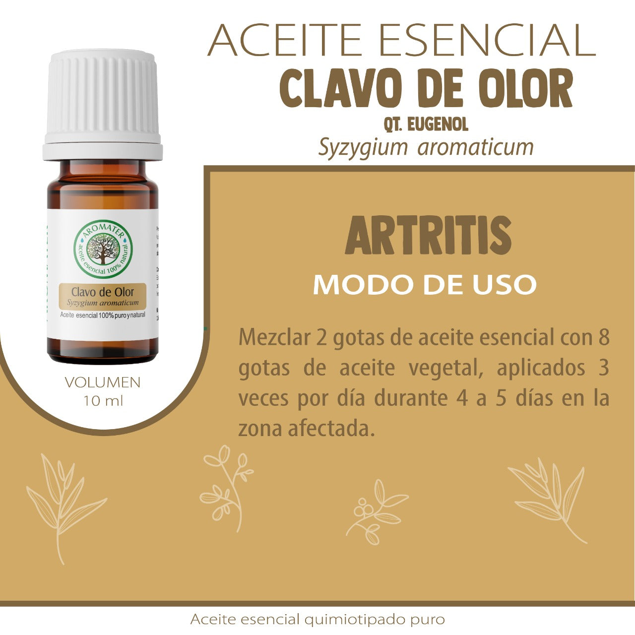 Aceite esencial de Clavo de olor (Syzygium aromaticum) es tradicionalmente usado para: mejorar disfunción erectil; antiinflamatorio: artritis y reumatismo; antibiótico: sinusitis, bronquitis, gastroenteritis, infeccion intestinal y urinaria; micosis cutanea y ungueal; antiparasitario: malaria, paludismo y como antioxidante.