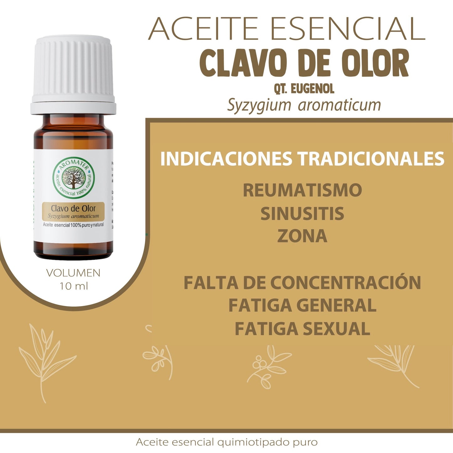 Aceite esencial de Clavo de olor (Syzygium aromaticum) es tradicionalmente usado para: mejorar disfunción erectil; antiinflamatorio: artritis y reumatismo; antibiótico: sinusitis, bronquitis, gastroenteritis, infeccion intestinal y urinaria; micosis cutanea y ungueal; antiparasitario: malaria, paludismo y como antioxidante.