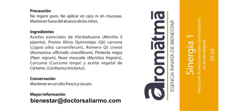 La fórmula Sinergia 1 es la mezcla de aceites esenciales quimiotipados en aceite vegetal ideal para todo tipo de dolor osteomuscular incluidos traumas, artritis, artrosis, reumatismo y fibromialgia.